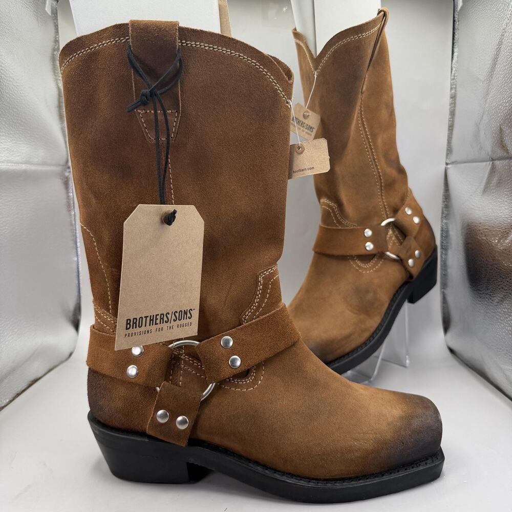 Brothers/Sons Western Harness Boots Mens Size 8 Brown Suede Square Toe Mid Calf
